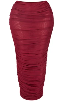 New PrettyLittleThing Shape Mesh Low Rise Ruched Maxi Skirt Burgundy