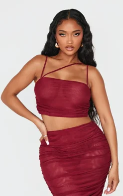 New PrettyLittleThing Shape Mesh Strappy Ruched Crop Top Burgundy