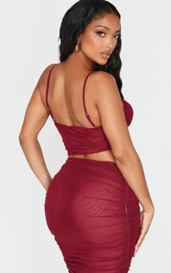 New PrettyLittleThing Shape Mesh Strappy Ruched Crop Top Burgundy