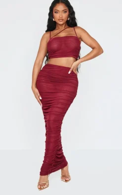 New PrettyLittleThing Shape Mesh Strappy Ruched Crop Top Burgundy