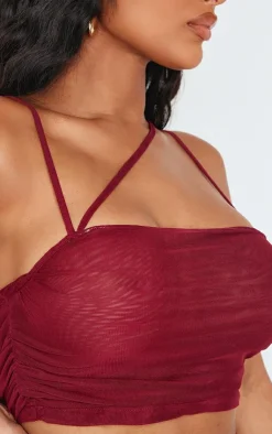 New PrettyLittleThing Shape Mesh Strappy Ruched Crop Top Burgundy