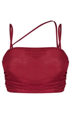 New PrettyLittleThing Shape Mesh Strappy Ruched Crop Top Burgundy