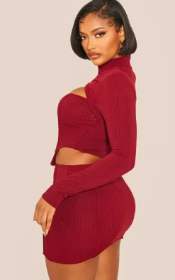 Best PrettyLittleThing Shape Rib Cut Out Crop Top Burgundy
