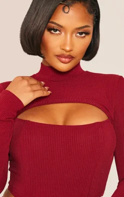 Best PrettyLittleThing Shape Rib Cut Out Crop Top Burgundy