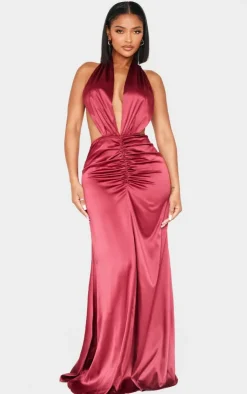 Shape Satin Halter Neck Deep Plunge Front Ruched Waist Maxi Fishtail Dress-PrettyLittleThing Online