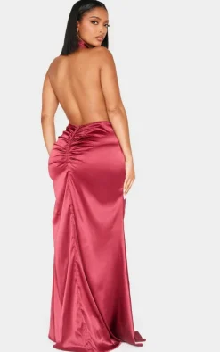 Shape Satin Halter Neck Deep Plunge Front Ruched Waist Maxi Fishtail Dress-PrettyLittleThing Online