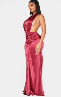 Shape Satin Halter Neck Deep Plunge Front Ruched Waist Maxi Fishtail Dress-PrettyLittleThing Online