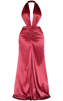 Shape Satin Halter Neck Deep Plunge Front Ruched Waist Maxi Fishtail Dress-PrettyLittleThing Online