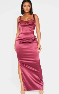 Discount PrettyLittleThing Shape Satin Low Rise Ruched Side Maxi Skirt Burgundy