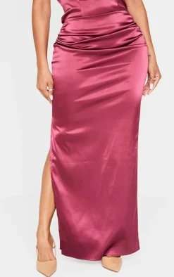 Discount PrettyLittleThing Shape Satin Low Rise Ruched Side Maxi Skirt Burgundy