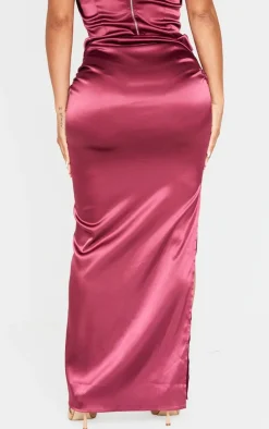 Discount PrettyLittleThing Shape Satin Low Rise Ruched Side Maxi Skirt Burgundy