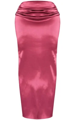 Discount PrettyLittleThing Shape Satin Low Rise Ruched Side Maxi Skirt Burgundy