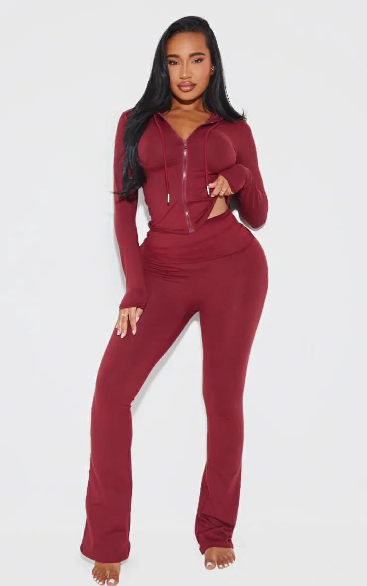 Best PrettyLittleThing Shape Sculpted Foldover Waist Flare Pants Burgundy