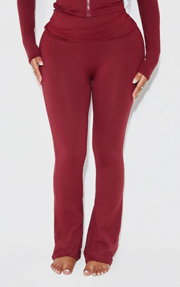 Best PrettyLittleThing Shape Sculpted Foldover Waist Flare Pants Burgundy