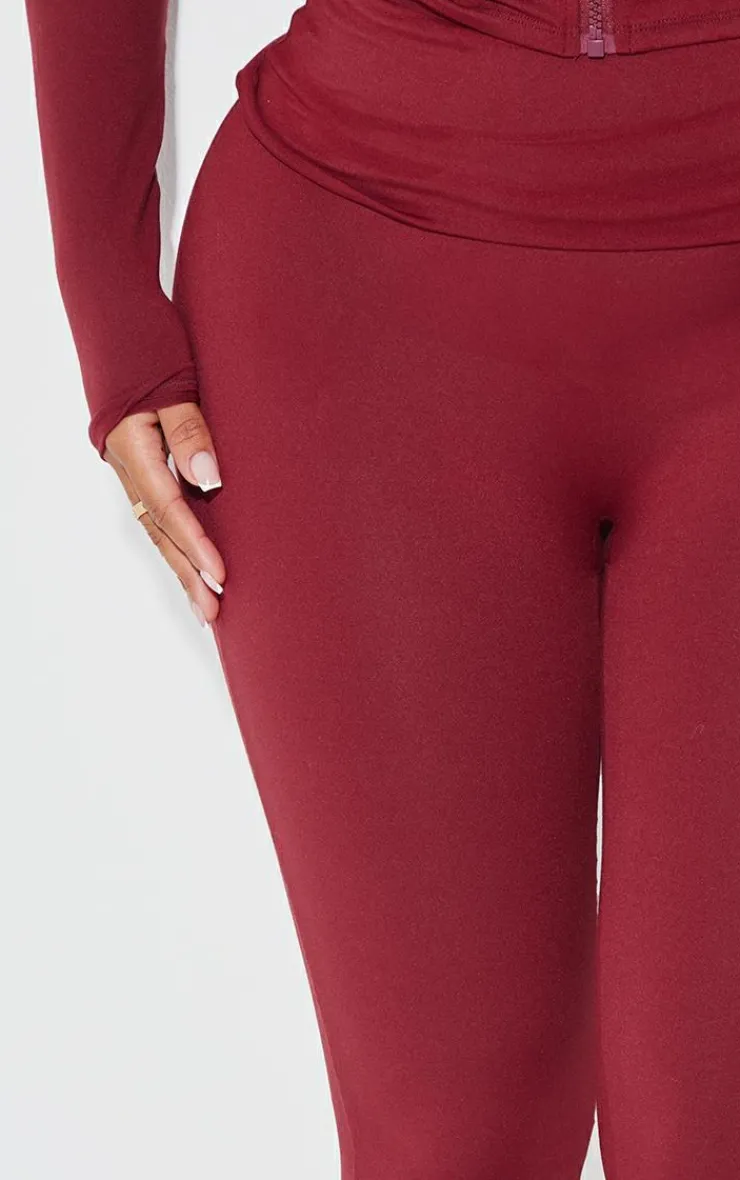 Best PrettyLittleThing Shape Sculpted Foldover Waist Flare Pants Burgundy