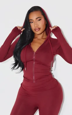 Sale PrettyLittleThing Shape Sculpted Zip Through Hoodie Burgundy
