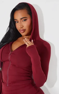 Sale PrettyLittleThing Shape Sculpted Zip Through Hoodie Burgundy