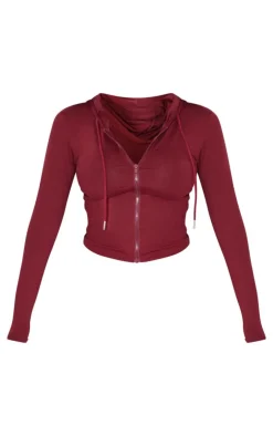 Sale PrettyLittleThing Shape Sculpted Zip Through Hoodie Burgundy