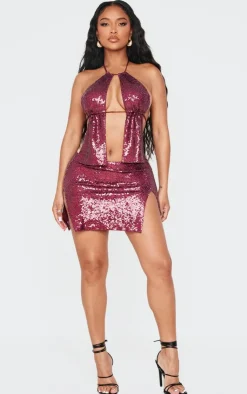 Sale PrettyLittleThing Shape Sequin Mini Skirt Burgundy