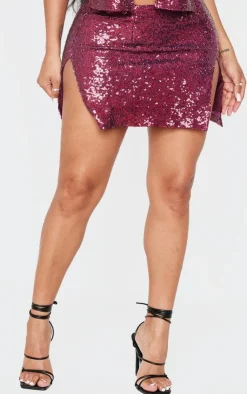 Sale PrettyLittleThing Shape Sequin Mini Skirt Burgundy