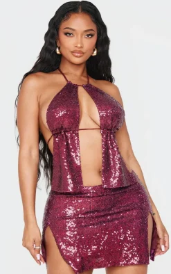 Sale PrettyLittleThing Shape Sequin Mini Skirt Burgundy