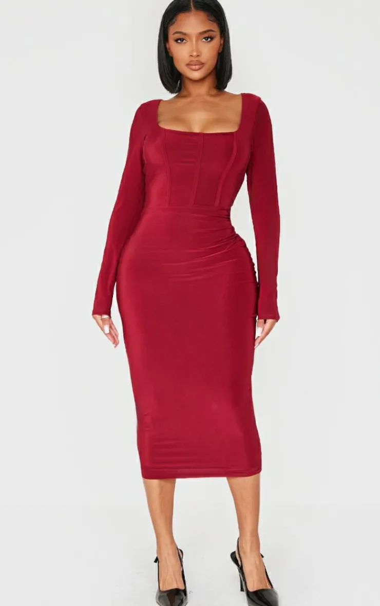 Shape Slinky Panelled Long Sleeve Midi Dress-PrettyLittleThing Clearance