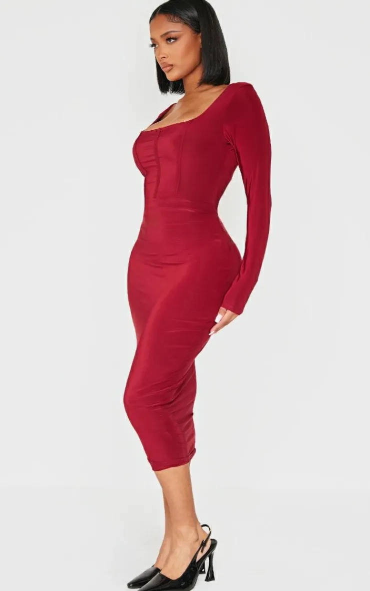 Shape Slinky Panelled Long Sleeve Midi Dress-PrettyLittleThing Clearance