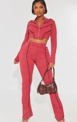 Outlet PrettyLittleThing Shape Soft Rib Seam Detail Flare Pants Burgundy