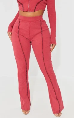 Outlet PrettyLittleThing Shape Soft Rib Seam Detail Flare Pants Burgundy