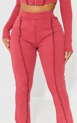 Outlet PrettyLittleThing Shape Soft Rib Seam Detail Flare Pants Burgundy