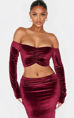 Hot PrettyLittleThing Shape Velour Bardot Ruched Sleeve Crop Top Burgundy