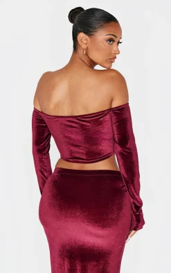 Hot PrettyLittleThing Shape Velour Bardot Ruched Sleeve Crop Top Burgundy