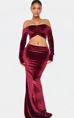 Hot PrettyLittleThing Shape Velour Bardot Ruched Sleeve Crop Top Burgundy
