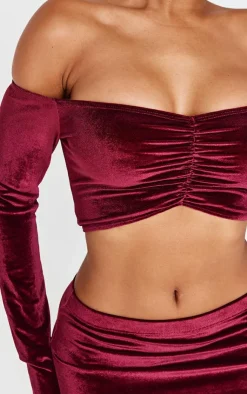 Hot PrettyLittleThing Shape Velour Bardot Ruched Sleeve Crop Top Burgundy