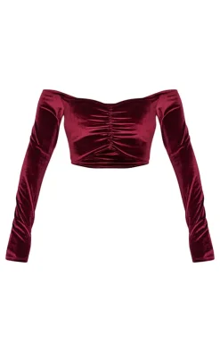 Hot PrettyLittleThing Shape Velour Bardot Ruched Sleeve Crop Top Burgundy