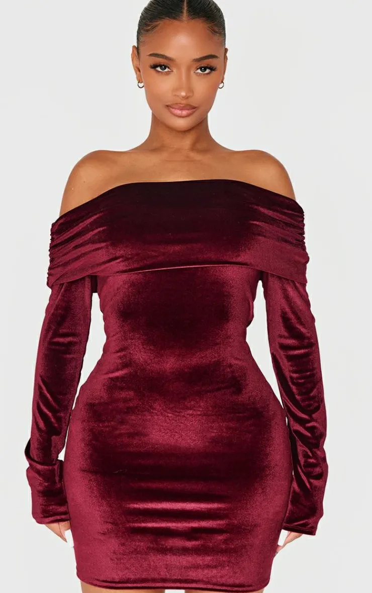 Shape Velour Bardot Fold Over Long Sleeve Mini Dress-PrettyLittleThing Hot