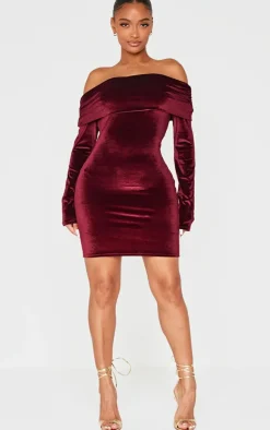 Shape Velour Bardot Fold Over Long Sleeve Mini Dress-PrettyLittleThing Hot