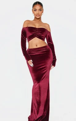 Hot PrettyLittleThing Shape Velvet Maxi Skirt Burgundy