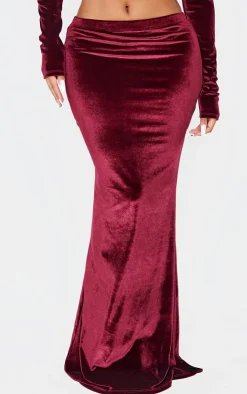 Hot PrettyLittleThing Shape Velvet Maxi Skirt Burgundy