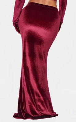 Hot PrettyLittleThing Shape Velvet Maxi Skirt Burgundy