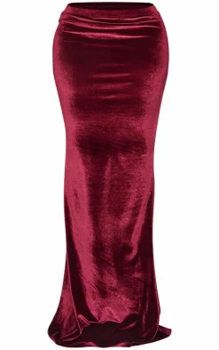 Hot PrettyLittleThing Shape Velvet Maxi Skirt Burgundy
