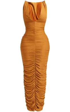 Shape Slinky Ruched Low Plunge Front Maxi Dress-PrettyLittleThing