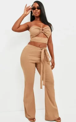 New PrettyLittleThing Shape Stretch Woven Ring Detail Flare Pants Camel