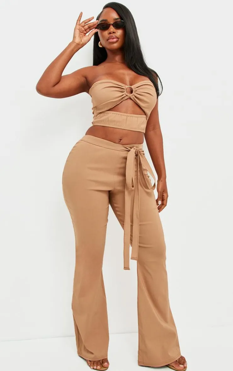 New PrettyLittleThing Shape Stretch Woven Ring Detail Flare Pants Camel