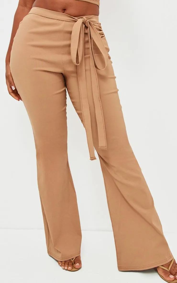 New PrettyLittleThing Shape Stretch Woven Ring Detail Flare Pants Camel