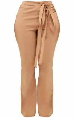 New PrettyLittleThing Shape Stretch Woven Ring Detail Flare Pants Camel