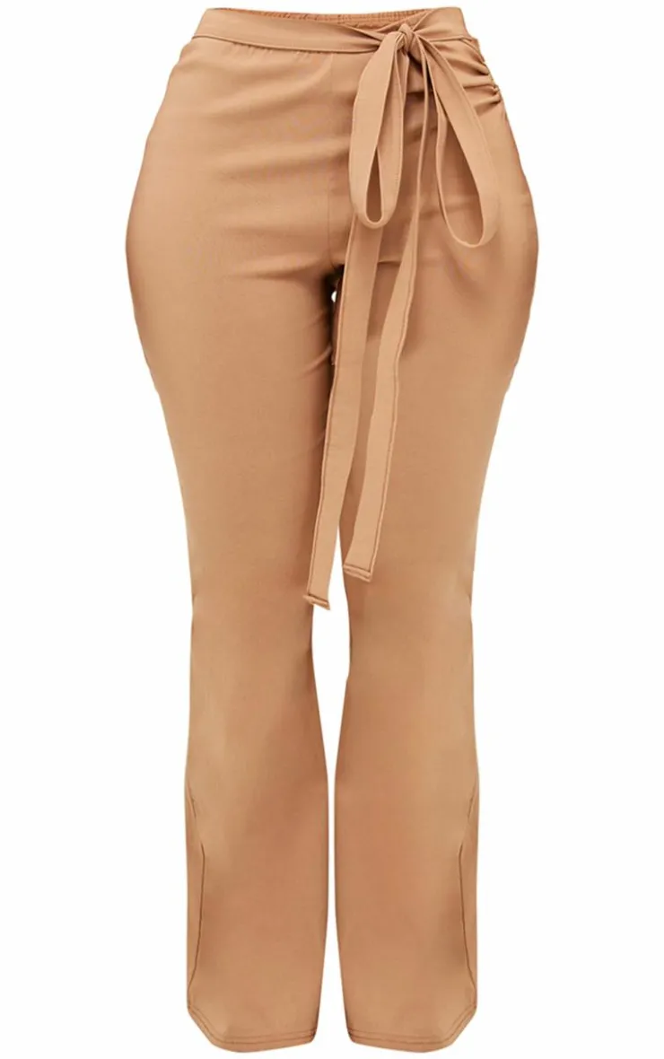 New PrettyLittleThing Shape Stretch Woven Ring Detail Flare Pants Camel