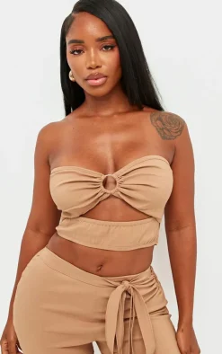 Sale PrettyLittleThing Shape Stretch Woven Ring Front Bandeau Top Camel