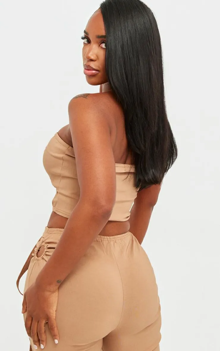 Sale PrettyLittleThing Shape Stretch Woven Ring Front Bandeau Top Camel