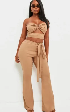 Sale PrettyLittleThing Shape Stretch Woven Ring Front Bandeau Top Camel